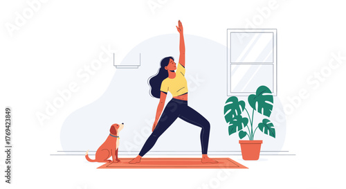 A woman practices yoga at home with her pet dog, enjoying a peaceful and healthy lifestyle indoors.