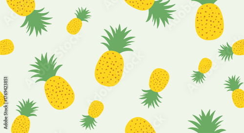 A vibrant seamless pattern of cute yellow cartoon pineapples with green leaves scattered on a light green background for summer decor.