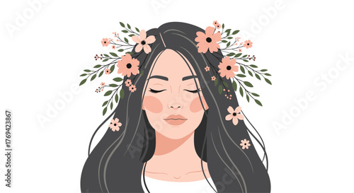 A tranquil woman with long dark hair adorned with a crown of pink flowers, her eyes gently closed in peaceful contemplation.