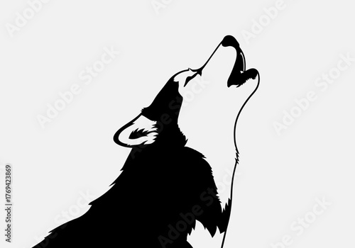 A striking black and white silhouette of a wolf howling with its head tilted upwards against a plain white background.