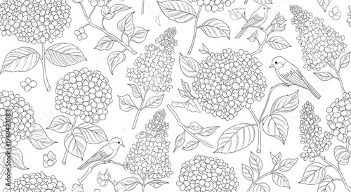 Monochromatic dashed line art seamless pattern showcasing delicate birds nestled within a botanical arrangement of lush hydrangeas and lilacs.