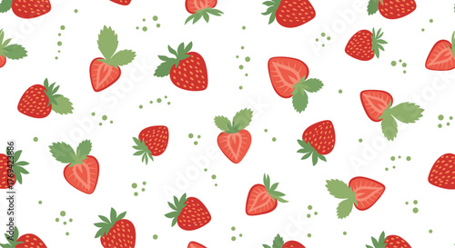 Hand-drawn seamless pattern featuring vibrant whole and sliced red strawberries with green leaves, scattered over a crisp white background with subtle speckles.