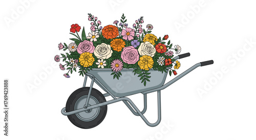 A vibrant assortment of colorful flowers fills a rustic gray wheelbarrow, suggesting spring, gardening, and natural beauty.