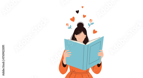 A young woman engrossed in reading a book, surrounded by floating hearts and flowers, symbolizing passion for learning and joyful imagination.