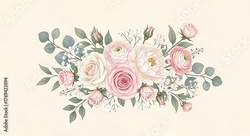 Elegant Floral Arrangement with Roses and Greenery for Wedding Invitations.