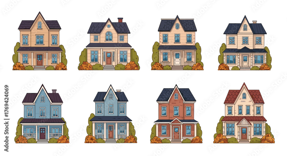 Fototapeta premium A charming collection of various cartoon houses in distinct architectural styles, surrounded by colorful autumn bushes.