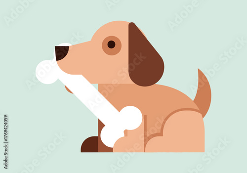 A cartoon illustration of a dog sitting and holding a bone in its mouth.