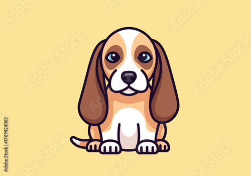 Cartoon illustration of a cute beagle puppy sitting on a yellow background.