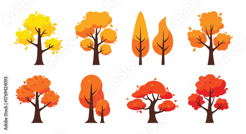 A collection of colorful autumn trees in a simple flat vector style, showcasing various shapes and fall foliage.