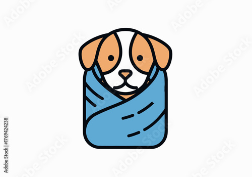 A cute cartoon illustration of a small dog wrapped snugly in a blue blanket.