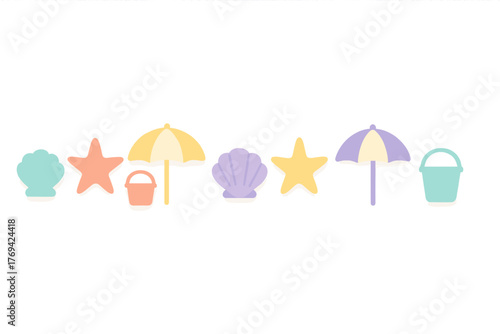 Pastel summer beach objects set featuring seashells starfish sun umbrellas and sand pails