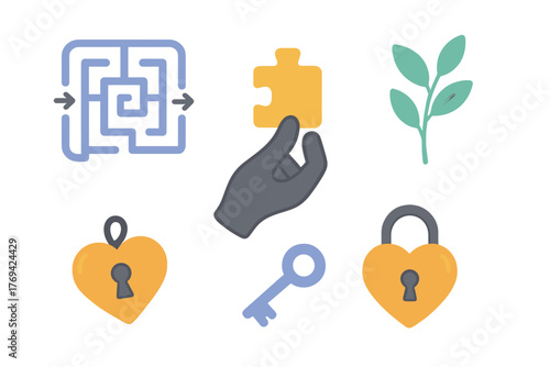 Conceptual icons representing solutions, growth, connection, security, and personal development