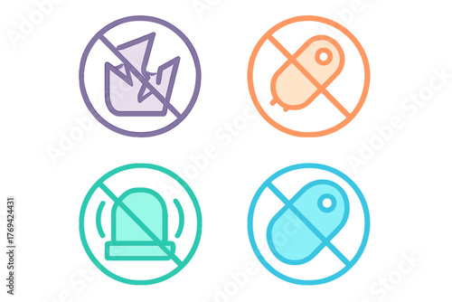 Prohibition symbols for no broken glass, no siren, and no pills or medication
