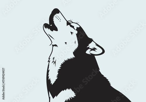 A detailed black and white illustration of a howling wolf against a light blue background.