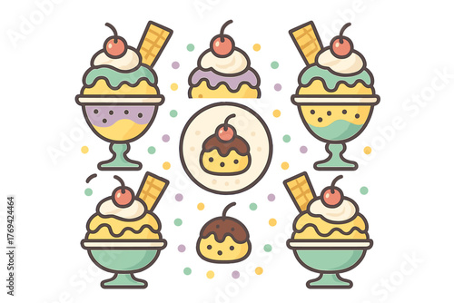 Colorful seamless background featuring cute ice cream sundaes and sweet desserts