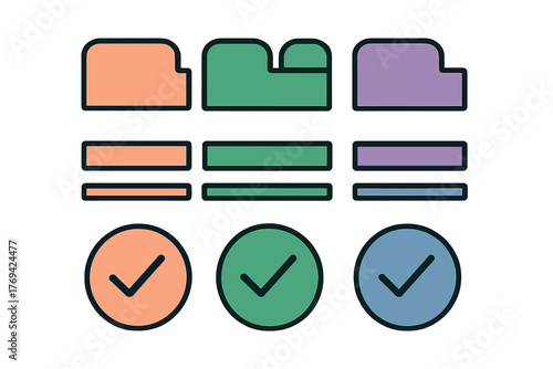 Colorful abstract user interface elements including file icons, loading bars, and checkmark buttons for web design and application