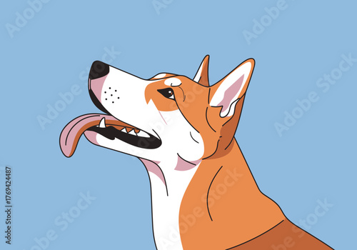 A profile illustration of a happy Pembroke Welsh Corgi with its tongue out against a light blue background.