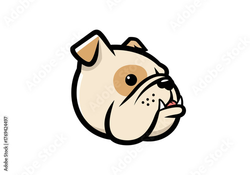 A stylized illustration of a bulldog's head in profile, featuring a light tan coat with brown markings around the eyes and ears.