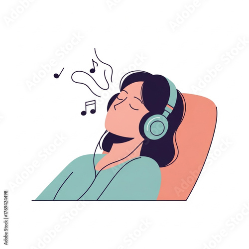Woman listening to music with headphones, eyes closed, relaxing.