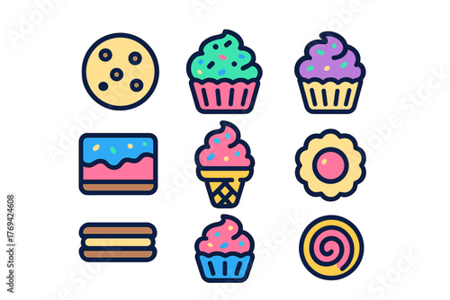 Colorful assortment of delicious baked goods and confectionery featuring cupcakes, cookies, and ice cream