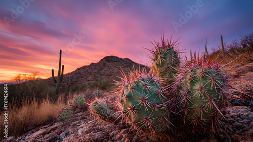  Scenic Arizona desert landscape with Saguaro cactus and dramatic clouds at sunset.