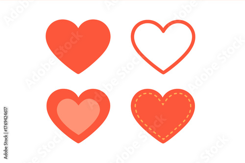 Collection of four stylized red heart shapes for love and romance concepts