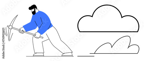 Man swinging pickaxe near symbolic cloud as representation of data extraction. Ideal for technology, cloud computing, data mining, digital resources, innovation, effort, simple flat metaphor