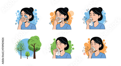 Cartoon illustrations showing a woman experiencing common allergy symptoms like watery eyes, sneezing, and using an asthma inhaler due to pollen.