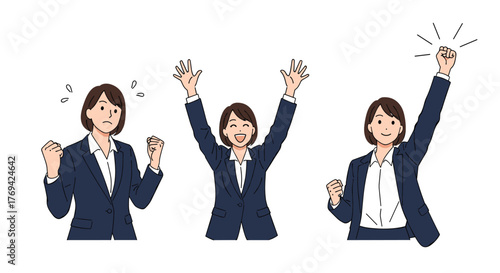 A series of poses showing a businesswoman's journey from struggle and determination to triumphant joy and achievement.