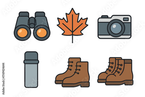 Essential outdoor adventure gear including hiking boots, binoculars, camera, thermos, and autumn maple leaf