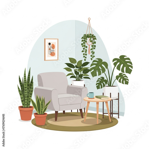 Cozy interior with armchair, plants, and round table in a bright room.