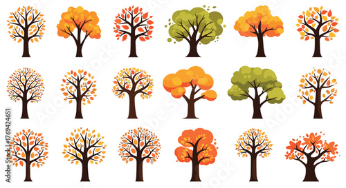 Stylized collection of deciduous trees showcasing vibrant autumn foliage and green leaves, perfect for seasonal nature designs.