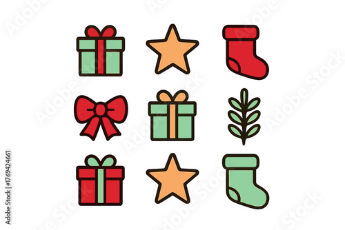 Festive winter holiday icons set with gift boxes stars stockings and bows
