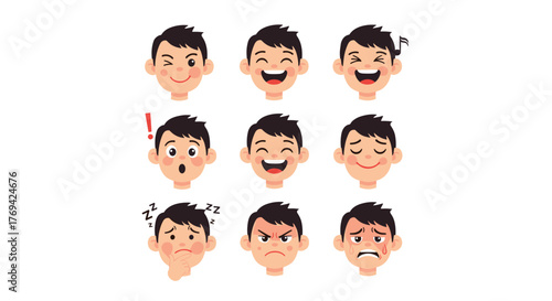 A collection of cartoon boy faces depicting a wide range of emotions and expressions, including happiness, sadness, anger, surprise, and sleepiness.