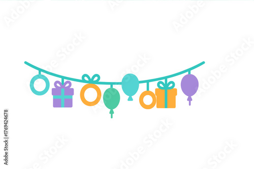 Colorful festive garland with balloons and gift boxes hanging on a string