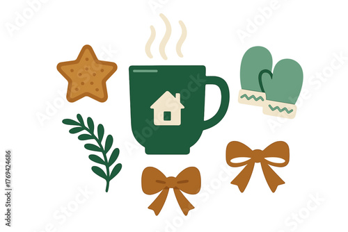 Cozy winter holiday symbols including hot drink mug, gingerbread star, warm mittens, and ribbons