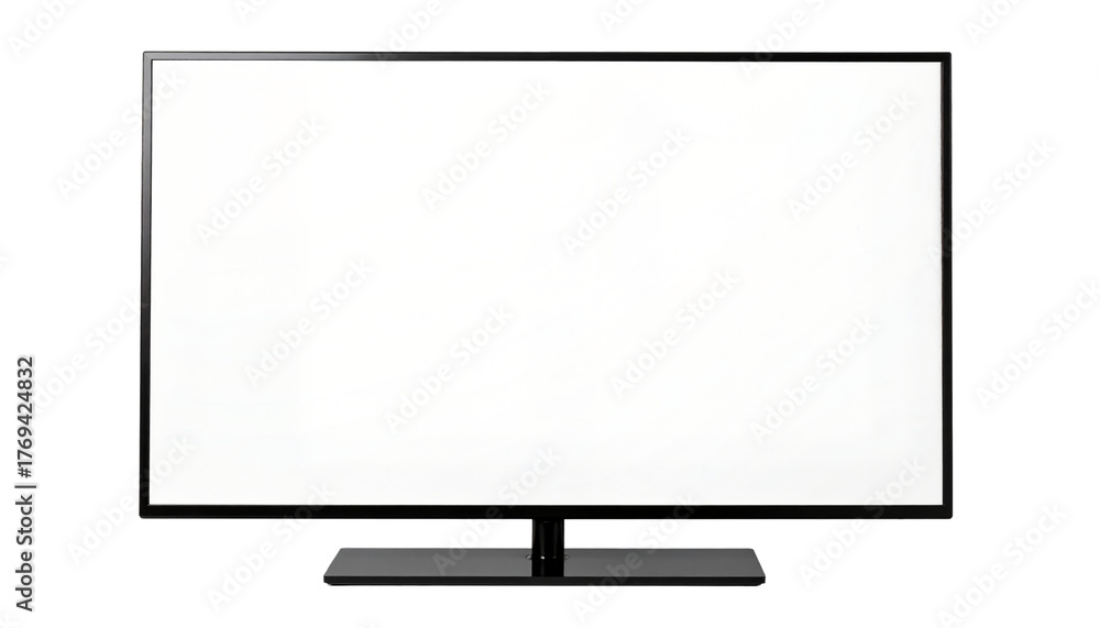 Naklejka premium A modern black computer monitor or TV screen with a blank white display and a curved stand, isolated against a light gray background (Mockup).