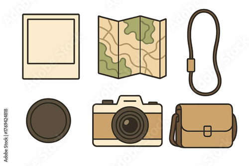 Vintage travel and photography accessories set with camera map and instant photo