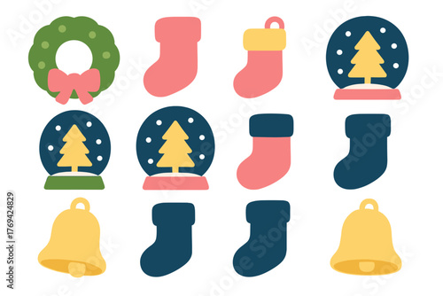 Colorful Christmas holiday symbols including decorative wreath, hanging stockings, snow globes, and golden bells
