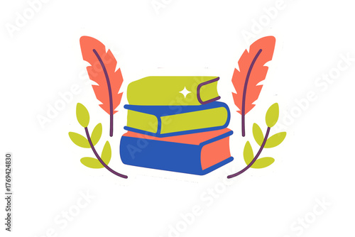 Three stacked books with vibrant covers framed by orange feathers and green leaves