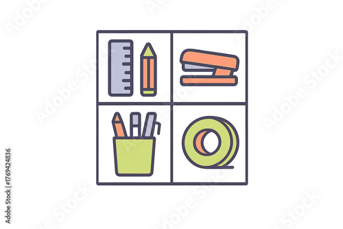 Essential stationery collection with ruler pencil stapler and tape roll arranged in a grid
