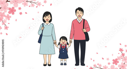 A loving family of three, including a young schoolgirl, stands together happily, framed by decorative pink cherry blossoms and falling petals.