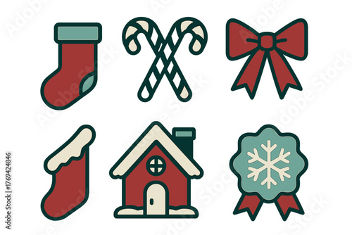 Festive winter holiday icons featuring candy canes, gift bow, snowflake badge, and stockings