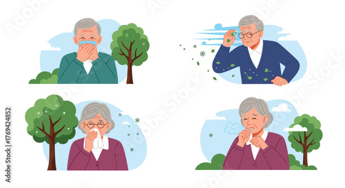 Elderly people suffering from seasonal allergies outdoors, showing symptoms like sneezing, coughing, and irritation from pollen and leaves.