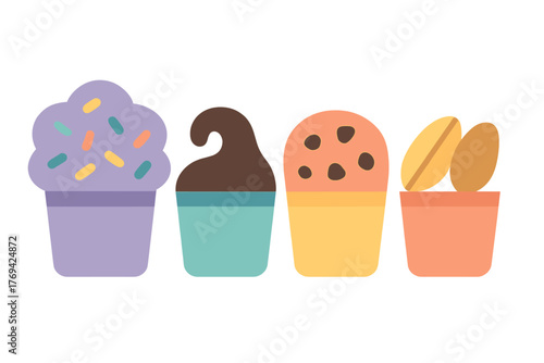 Colorful row of four stylized dessert treats with frosting and toppings