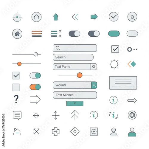 A comprehensive set of flat design user interface elements including various icons, input fields, sliders, and toggle switches for web and mobile applications.