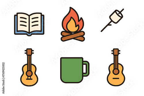 Colorful outdoor camping icons featuring campfire, book, marshmallow, guitar, and coffee mug