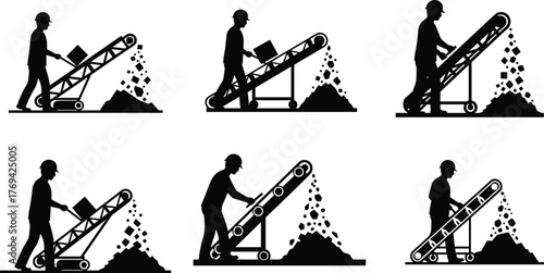 Silhouette vector illustration of worker operating conveyor belt with shovel, transporting rocks, material handling, teamwork, safety, mining, construction, and industry