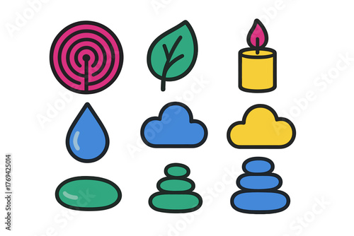 Colorful set of wellness and nature icons featuring candle, leaf, water drop, and stacked stones