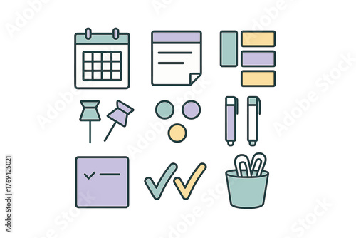 Collection of pastel colored icons representing business planning, scheduling, and office organization tools